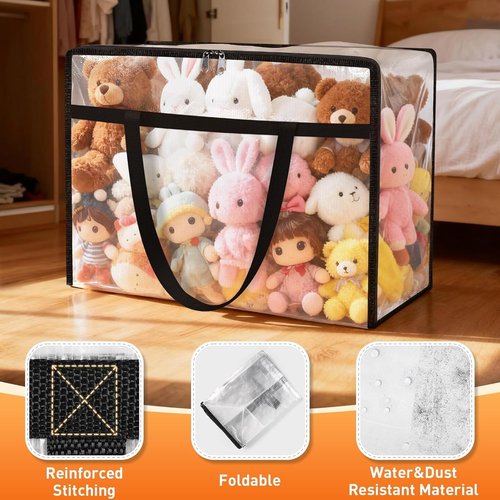 Clear Under Bed Storage Containers - 4 Pack Large Capacity Bags with Lids & Sturdy Handles | Foldable Clothing Organizer Totes (60L)