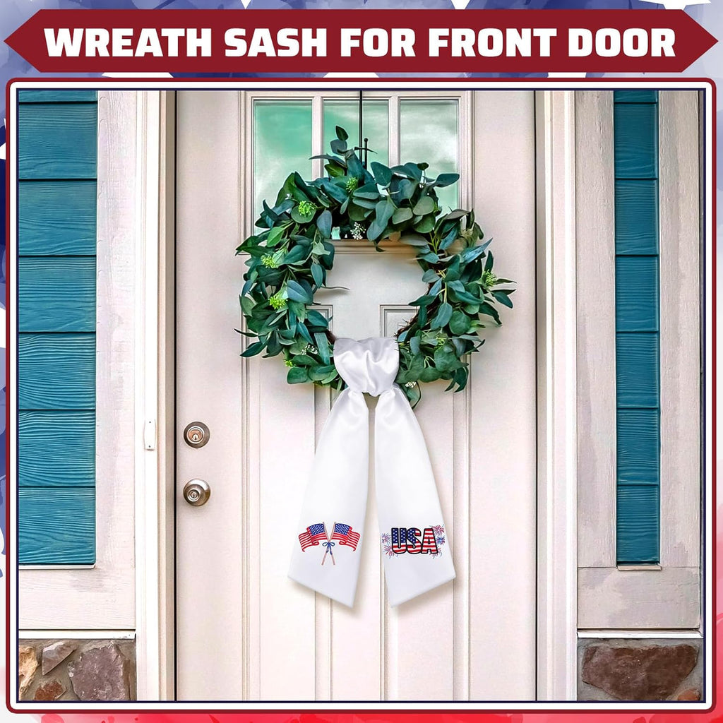 Skiennix Wreath Sash - Satin Blank Sash for Front Door Decor | Monogram & Embroidery, White