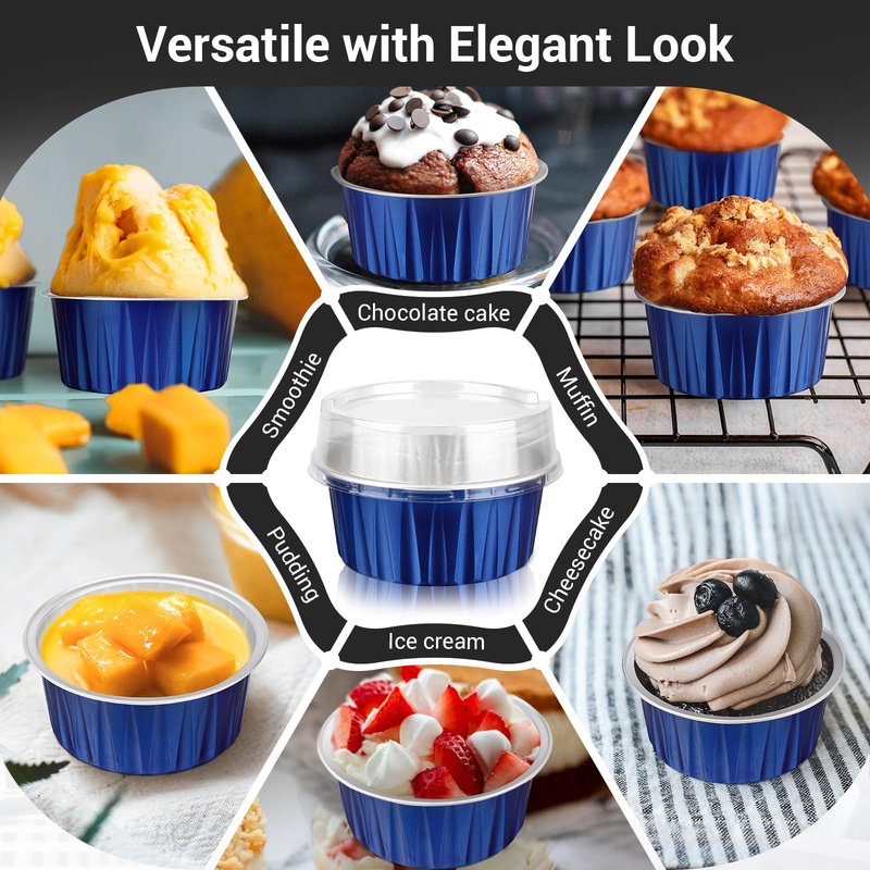 EUSOAR Cupcake Cups with Lids, 5oz 50pcs Disposable Desserts Flan, 3.34"x2.59"x2.35" 125ml Baking Cups with Lids, Aluminum Foil Desserts Cupcake Flan, Catering Gathering Shower Favor-Royal Blue