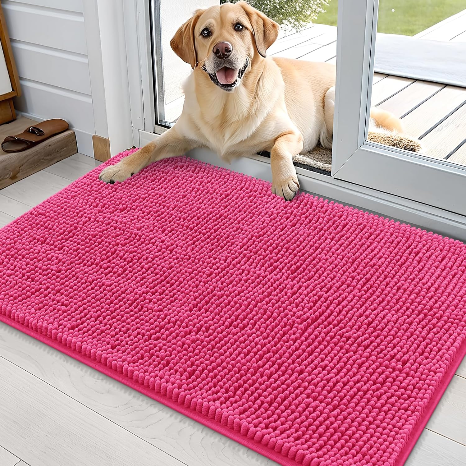 OLANLY Dog Door Mat - Absorbent Non-Slip Washable Doormat for Muddy Paws | 36x24 Hot Pink