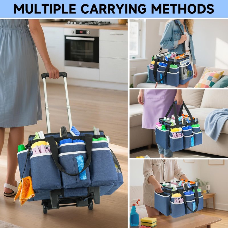 ZIOZERTT Large Rolling Cleaning Caddy Bag with Detachable Trolley,Cleaning Cart on Wheels with Shoulder Strap,Cleaning Supplies Organizer for Housekeepers,Blue