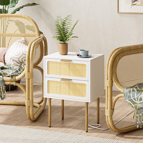 Aobafuir Nightstand with Charging Station, Rattan Nightstand for Bedroom, Small Bedside Table with Drawers, Night Stand, End Table with Gold Frame for Living Room (White, 2 Drawers)
