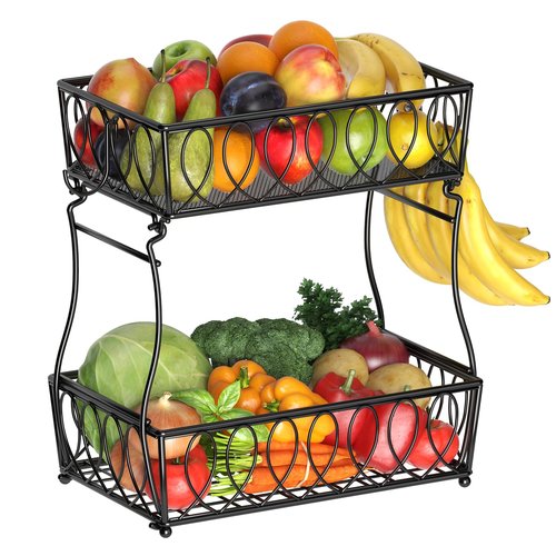 XYZLVSI 2-Tier Countertop Fruit Basket Bread Bowl for Kitchen, Vegetable Potato Onion Storage Wire Basket, 13.8-Inch, Black