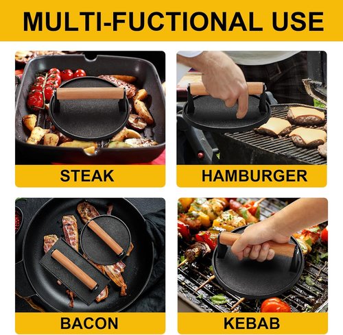 AIVIKI Burger Press - Heavy Duty Cast Iron Smash Press for Griddle | Round 6.9In & Rectangular 8.2x4.2In