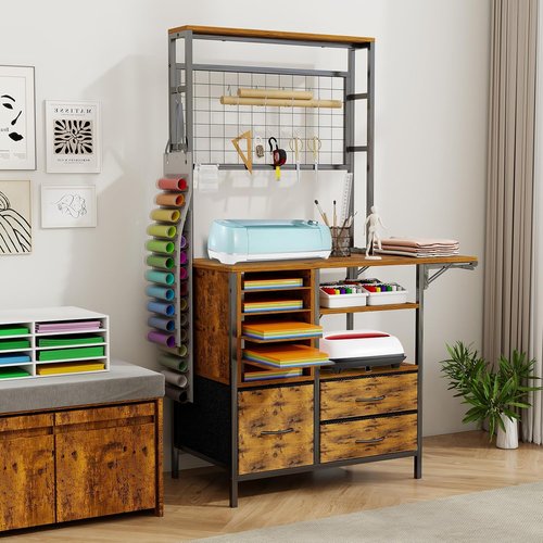 ARTETHYS Craft Table - Brown Storage Cabinet with Drawer & Fold-Out Desk for Craft Room