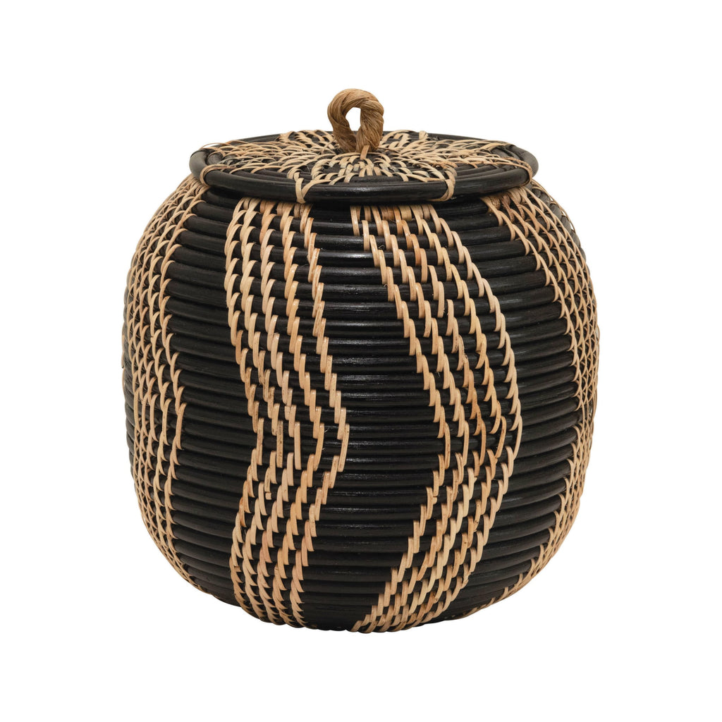 Boho Handwoven Rattan Storage Basket with Lid, Natural and Black