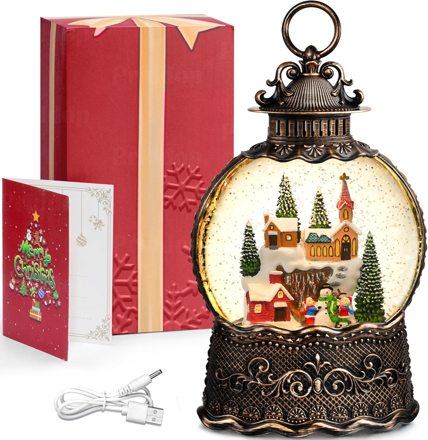 Priddop Village Snow Globe - Musical Christmas Decoration with Snowman Scene | 10.6 Inch USB/Battery Timer