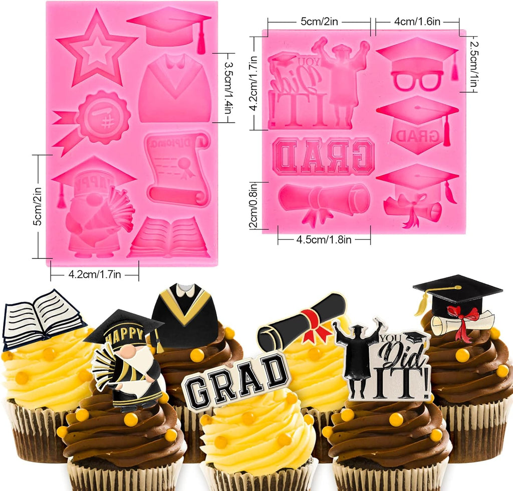 Whaline 2Pcs Graduation Fondant Molds - 3D Silicone Caps & Scrolls for 2026 Party Baking