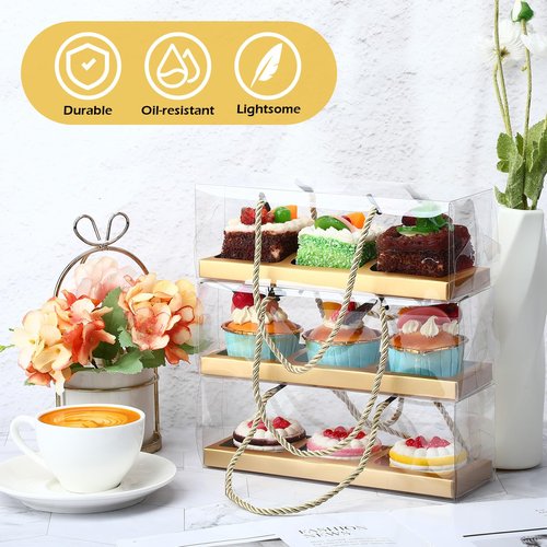 Chiisong 24 Pcs Clear Cupcake Boxes 9 x 3 x 3 Inch Portable Pastry Packaging Portable Gable Boxes with Rope Handle, Inserts 3 Compartments Bakery Take out Containers(Gold)