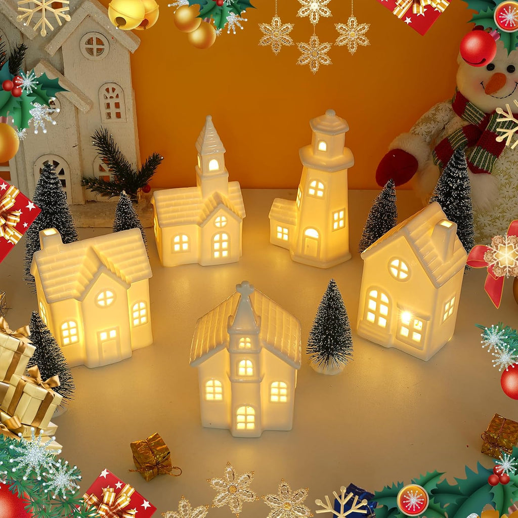 Skiennix 11-Piece White Ceramic Christmas Village Set - Light-Up Porcelain Houses with Timer for Festive Home Decor