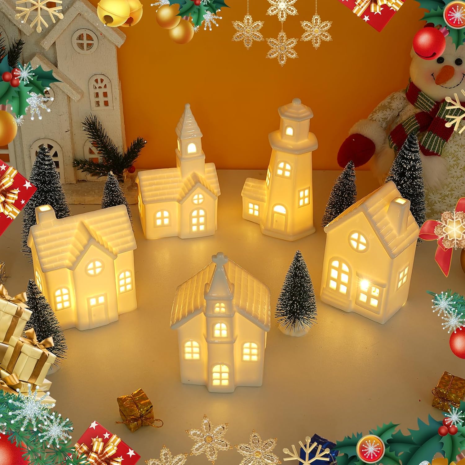 Skiennix 11-Piece White Ceramic Christmas Village Set - Light-Up Porcelain Houses with Timer for Festive Home Decor