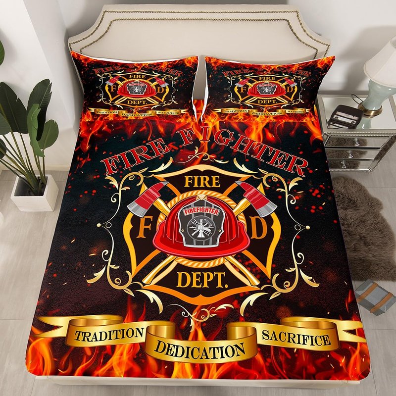 Castle Fairy Firefighter Theme Bed Sheet Queen Set Burning Flame Sheets Sets Adults Bedroom Decor Fireman Sign Microfiber Bedding Set with Flat,Fitted Sheet,2 Pillow Cases