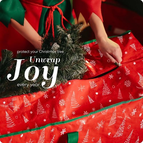 Christmas Tree Storage Bag - Durable Waterproof Zippered Bag for 7.5 Foot Artificial Trees | Red Printed Design