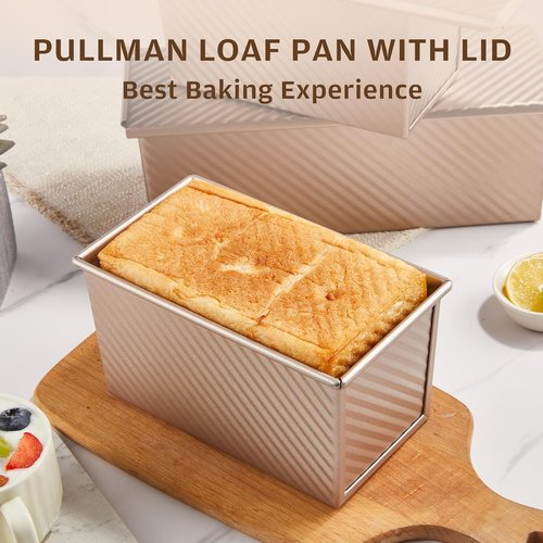 KITESSENSU Pullman Loaf Pan - Non-Stick Carbon Steel Bakeware with Lid | 1 lb Dough Capacity, Gold