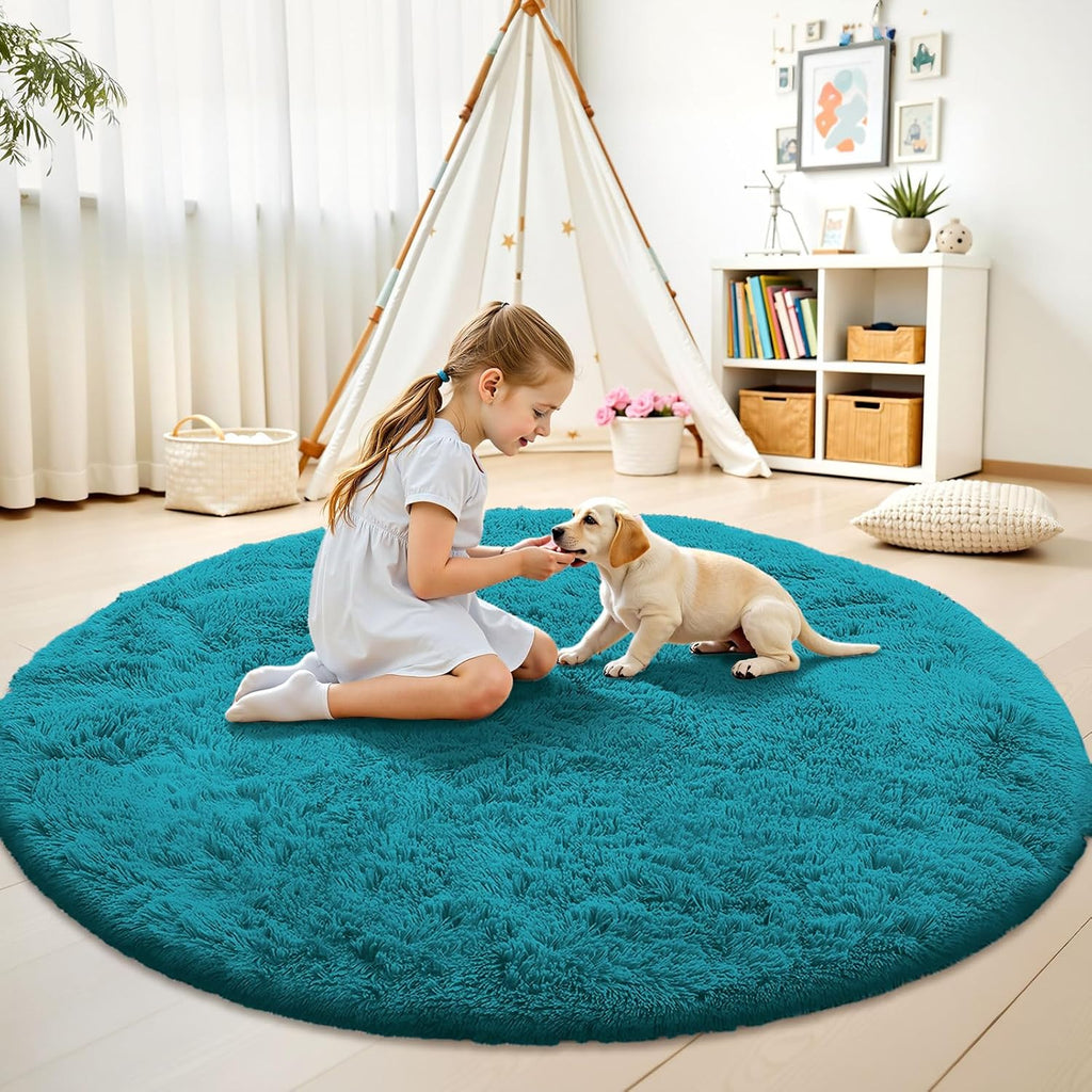 OLANLY Teal Round Area Rug - Soft, Machine Washable 5 ft Shaggy Carpet for Bedroom & Living Room Decor