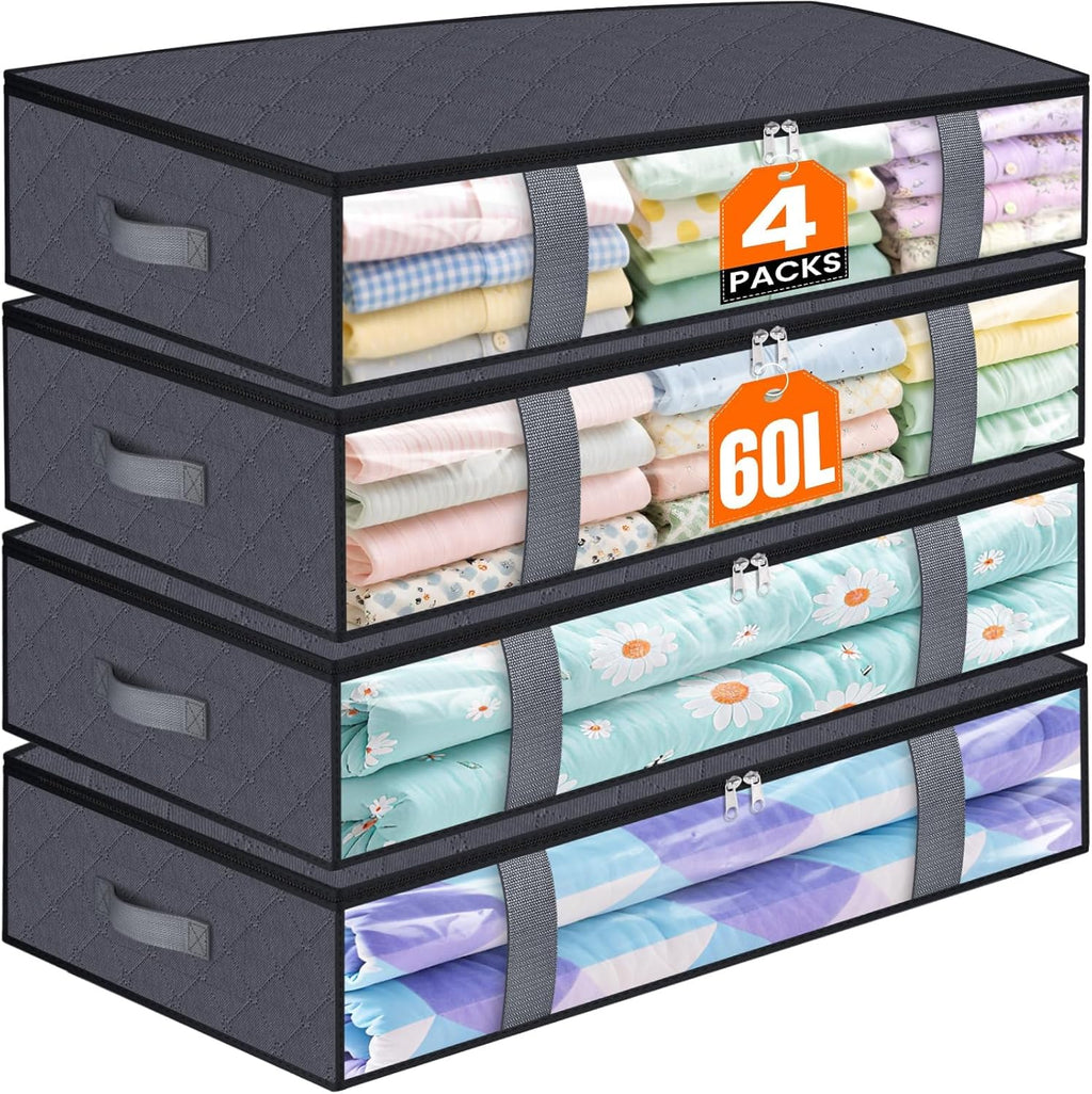 TasticTotes Under Bed Storage Containers - 4 Pack Collapsible Bags with Clear Front | 60L Grey