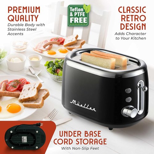 MUELLER HOME Retro Toaster - 2 Slice with 7 Browning Levels & 3 Functions | Stainless Steel, Black