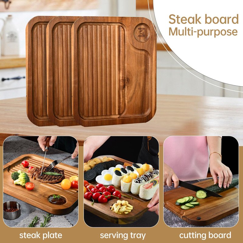 Acacia Wood Steak Plates,Carnivore Cutting Board for Eating, Carved Meat Wooden Plate, Food Serving Tray,Cheese Charcuterie Board with Deep Grooves & Hidden Handles