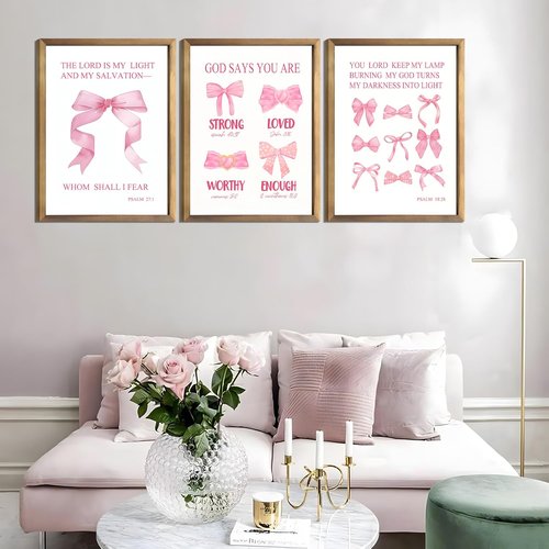 JBZDD Christian Pink Bow Wall Art - Set of 3 Unframed Inspirational Bible Verse Prints | 12x16in for Girls' Room Decor