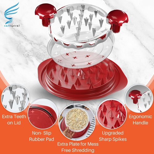 Chicken Shredder Tool Twist Large – 3 Layers Non Slip Meat Shredder with Removable Tray- Dishwasher Safe, Heat Resistant Chicken Breast Shredder with Handle & Serving Tong (Red)