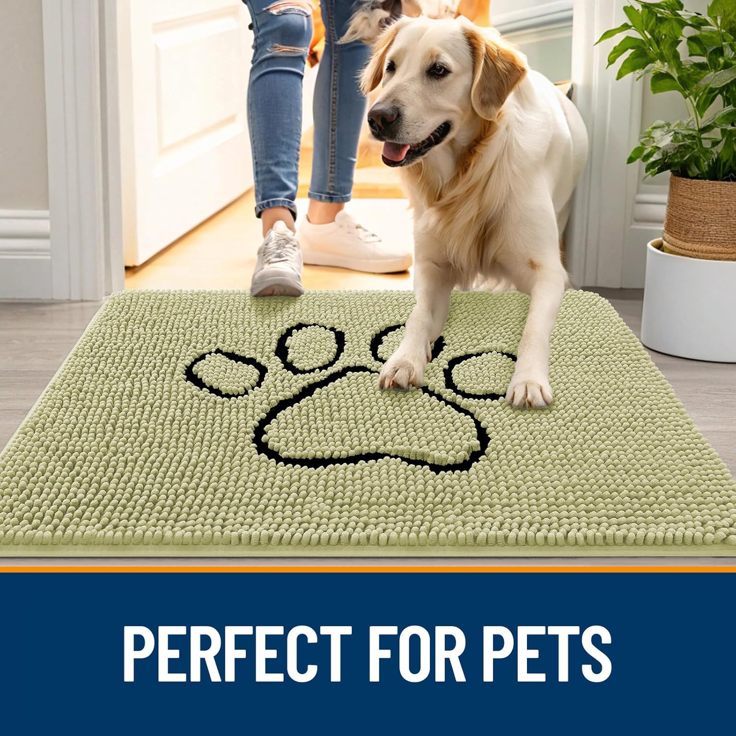 OLANLY Dog Door Mat - Absorbent Non-Slip Mud Mat for Paws | 48x30 Paw Print Design in Vanilla