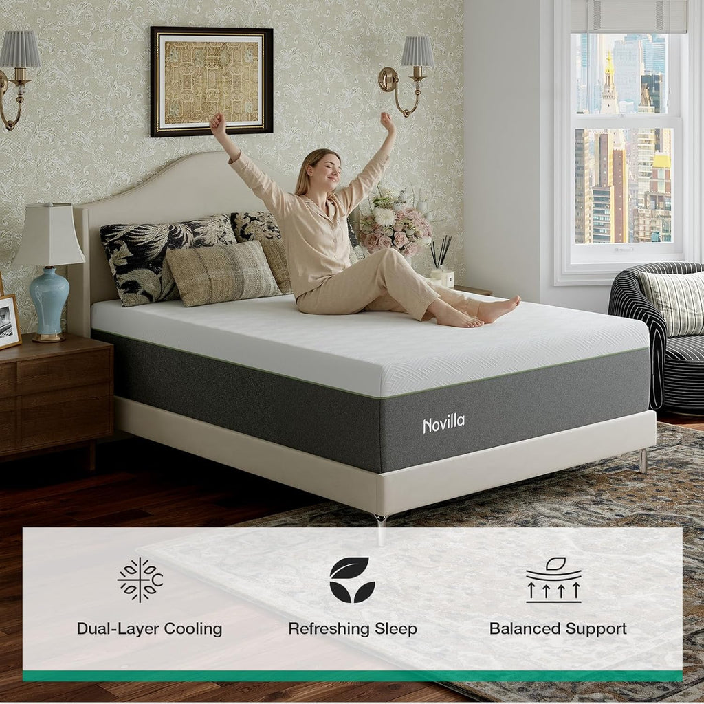 Novilla Bliss Green Tea Mattress - 12 Inch Gel Memory Foam Queen Size for Hot Sleepers | Cool Comfort & Back Pain Relief
