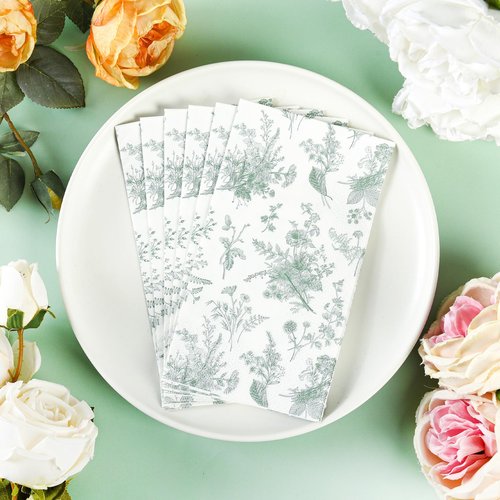 100 Floral Guest Napkins Sage Green White Toile Disposable Paper Napkins Flower Bathroom Hand Towels for Tea Party Christmas Bridal Baby Shower Party Supplies