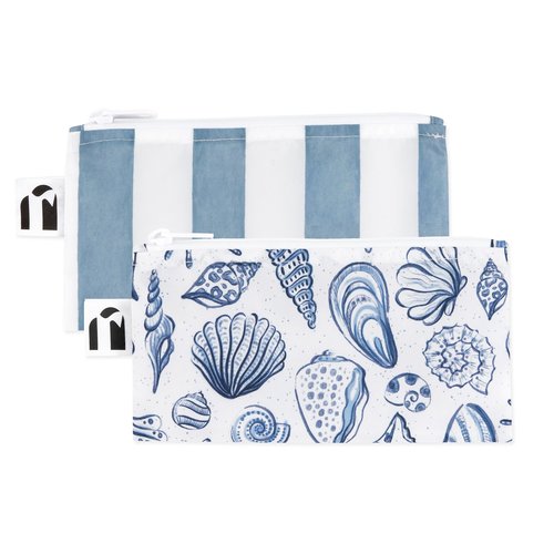 Bumkins Roamio Reusable Snack Bags, for Kids School Lunch and for Adults Portion, Washable Fabric, Waterproof Cloth Zip Bag, Pack Travel Pouch, Food-Safe Storage, 2-pk Nautical Stripe and Blue Shells