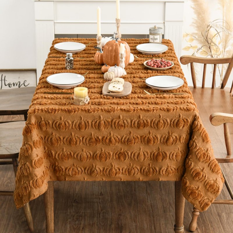 Horaldaily Fall Tablecloth 60x104 Inch Rectangular, Caramel Soft Plush Faux Fur Pumpkin Table Cover, Thanksgiving Autumn Harvest Dining Table Decoration for Home Party Dinner