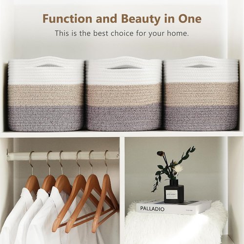 ECDYQXVU Cotton Rope Storage Basket - Woven Organizer for Shelves, Clothes & Towels | 15x10x9 Inches, White/Brown