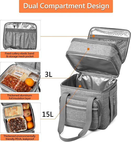 EXLIFBAG Insulated Lunch Box - Double Deck Cooler for Adults | Leakproof Design, Adjustable Strap, Gray