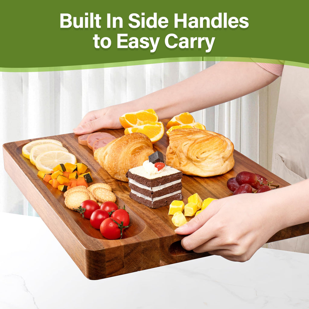 Acacia Wood Cutting Board for Kitchen, 1.5” Thick Chopping Board with Juice Groove, Sorting Compartment Charcuterie Board, 16x12x1.5 Inch Butcher Block