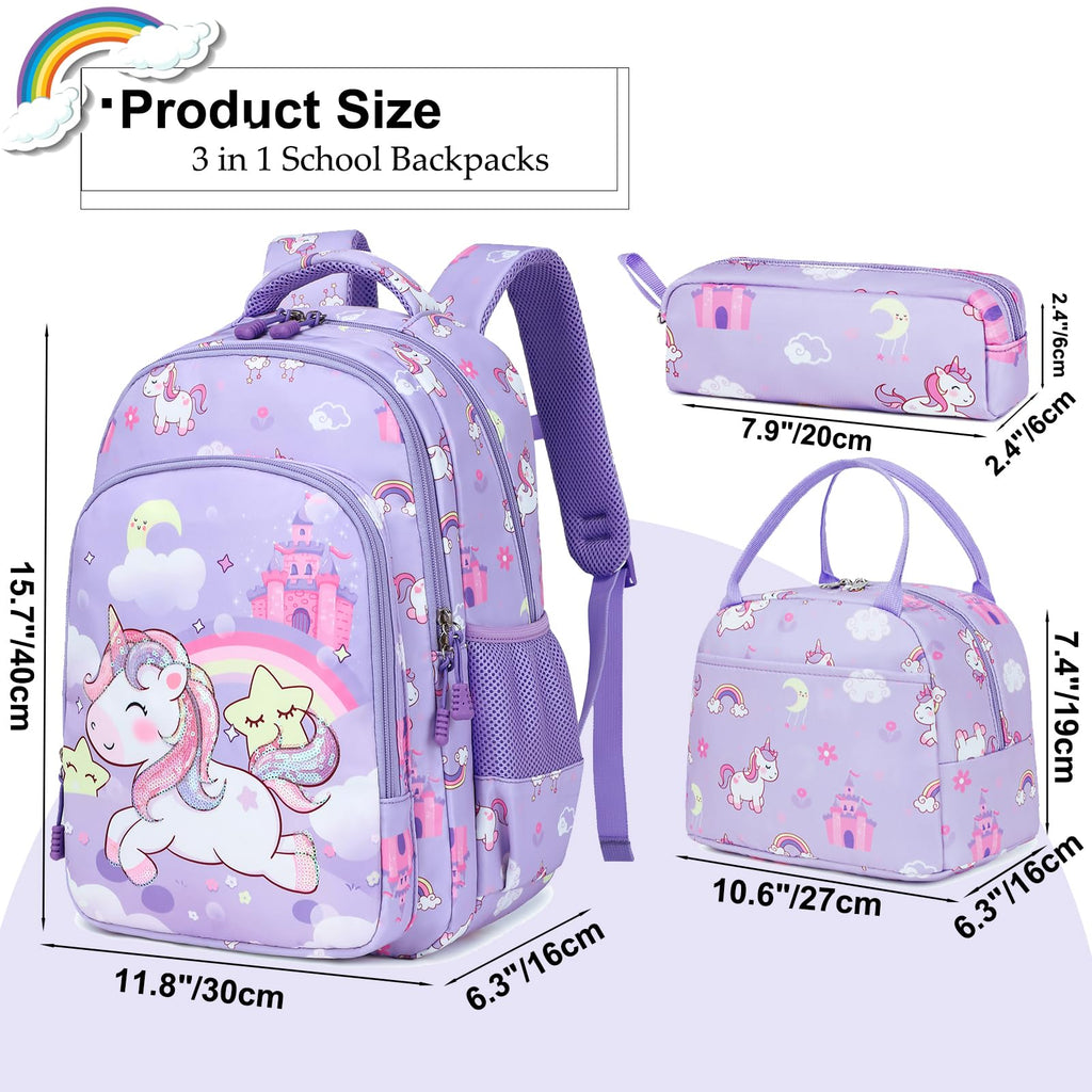 Dafelile Unicorn Backpacks for Girls Sequin Girls Backpack for Elementary Kids School Bookbag Set Water Resistant(Purple)