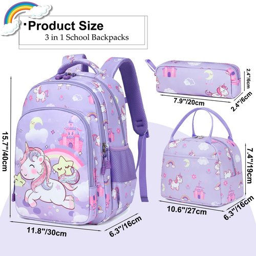 Dafelile Unicorn Backpacks for Girls Sequin Girls Backpack for Elementary Kids School Bookbag Set Water Resistant(Purple)