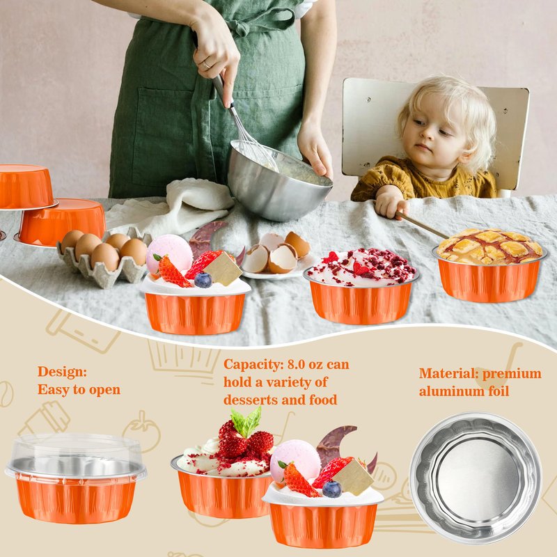 BAKINGPAK Round Baking Cups with Lids, 50PCS 8OZ Mini Aluminum Foil Pans Mini Cake Pans with Lids Cupcake Liners Muffin Pan Individual Cupcake Containers for Birthday, Orange