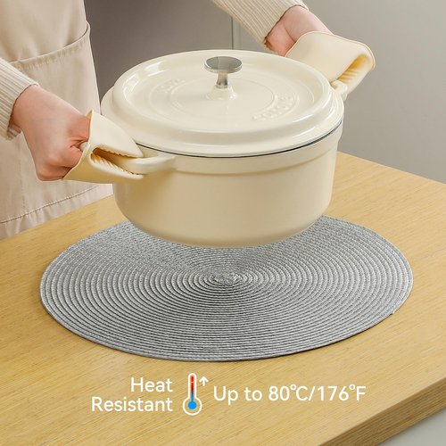 Leetaltree Round Placemats Set of 8 - Washable Woven Non-Slip Round Table Mats,15-Inch Heat Resistant Table Placemats,Light Grey
