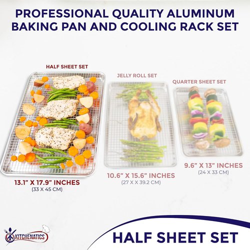 KITCHENATICS Aluminum Baking Pan - Half Sheet with Wire Rack | 13 x 18 Heavy-Duty Baking Tray