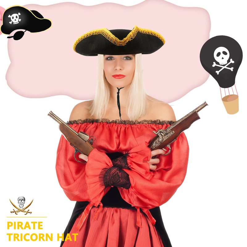 SGBETTER 8 Pack Felt Pirate Tricorn Hat Black Buccaneer Hat with Gold Trimming for Halloween Masquerade Party Role Play Outfit Accessories