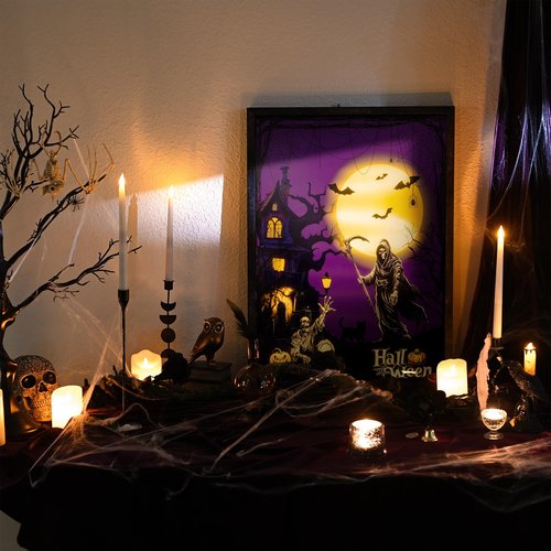 ArtbyHannah Lighted Halloween Wall Decor, Spooky Skeleton Wall Art with Gothic Haunted Mansion & Dark Academia Pictures for Kitchen Mantel Entryway Indoor Decorations (20×28 Inch)