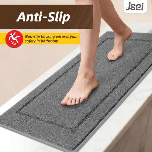 JSEI Non-Slip Bathroom Rugs, Self Adhesive No Sliding Bath Rugs Set of 2, Machine Washable Absorbent Bath Mat Set for Tub Shower & Single Sink 20”x32”+20”x48”, Light Grey, Rectangular Pattern
