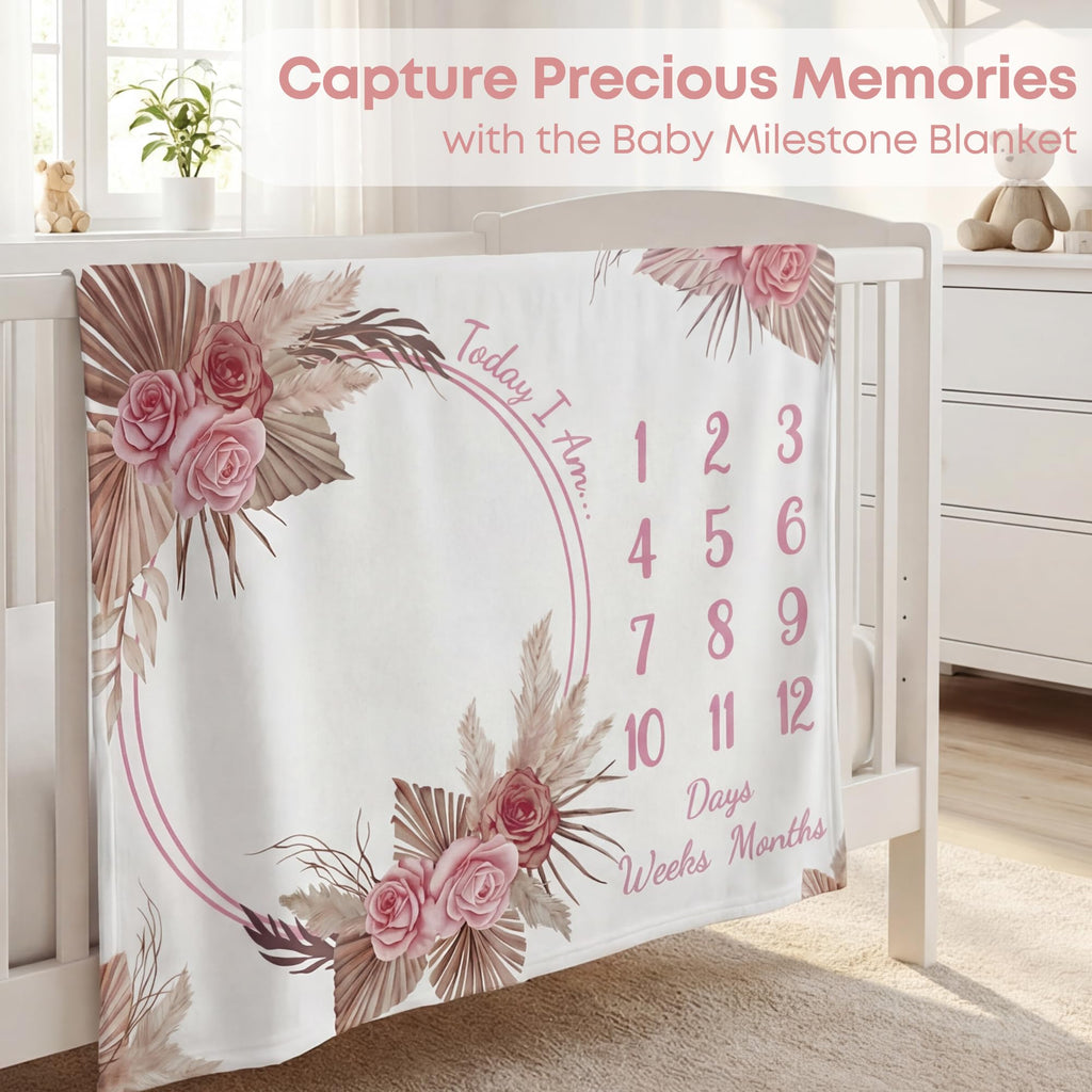 Warmther Baby Monthly Milestone Blanket, 40"x50" Flannel Monthly Milestone Photo Backdrop, Washable & Dryable, Floral Boho