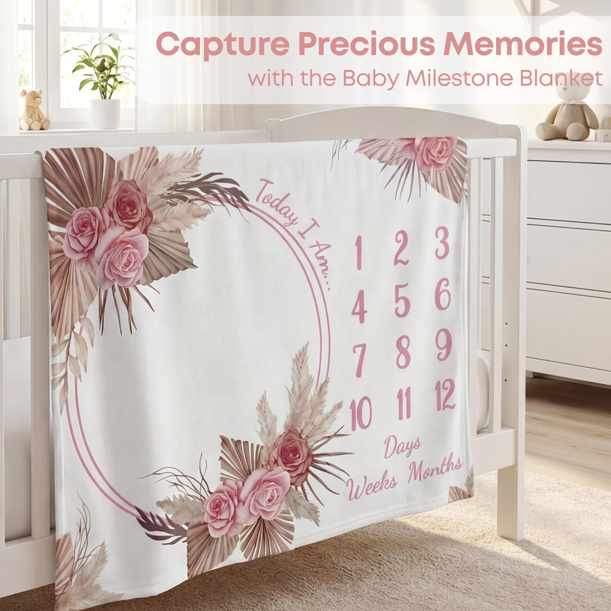 Warmther Baby Monthly Milestone Blanket, 40"x50" Flannel Monthly Milestone Photo Backdrop, Washable & Dryable, Floral Boho