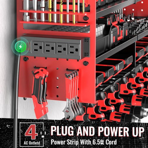 Large Power Tool Organizer by [Brand Name] - Heavy Duty Wall Mount with Charging Station & 8 Drill Holders | Red