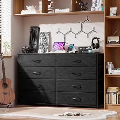 Furnulem Wide Dresser - 8 Fabric Drawers & Wood Top - Stylish Storage for 55'' TV | Black Oak