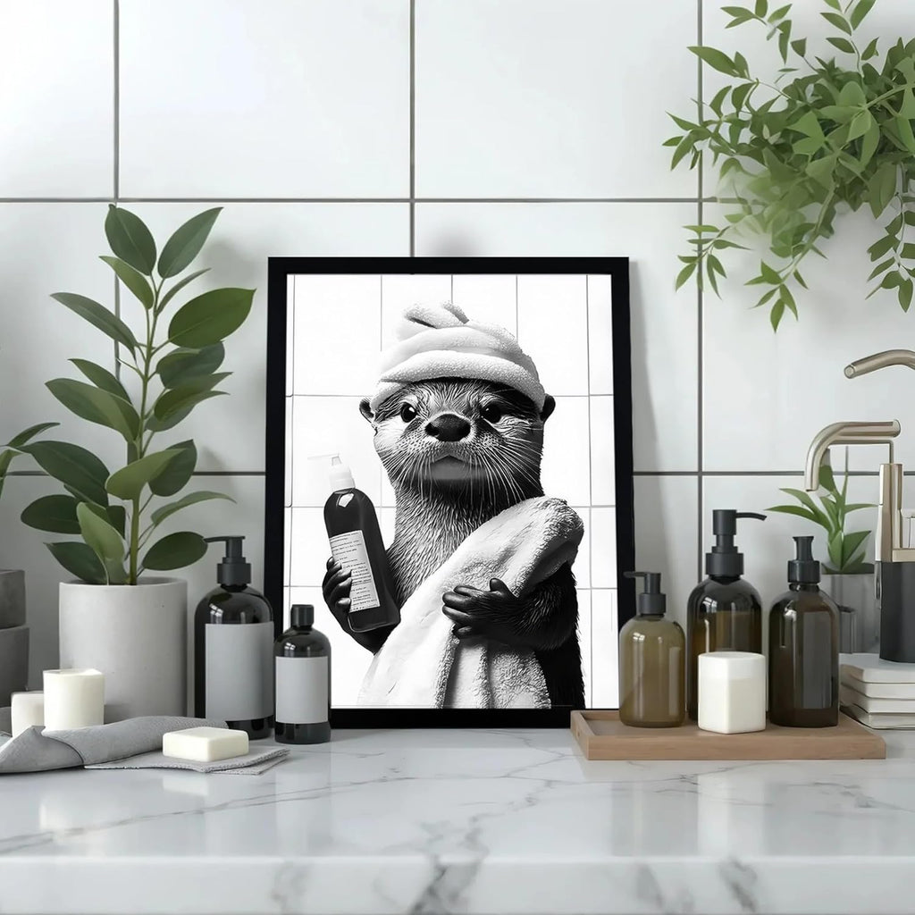 SYWENNOI Black and White Bathroom Canvas Wall Art - Funny Otter Bath Decor | Ready to Hang 8x10 Inches