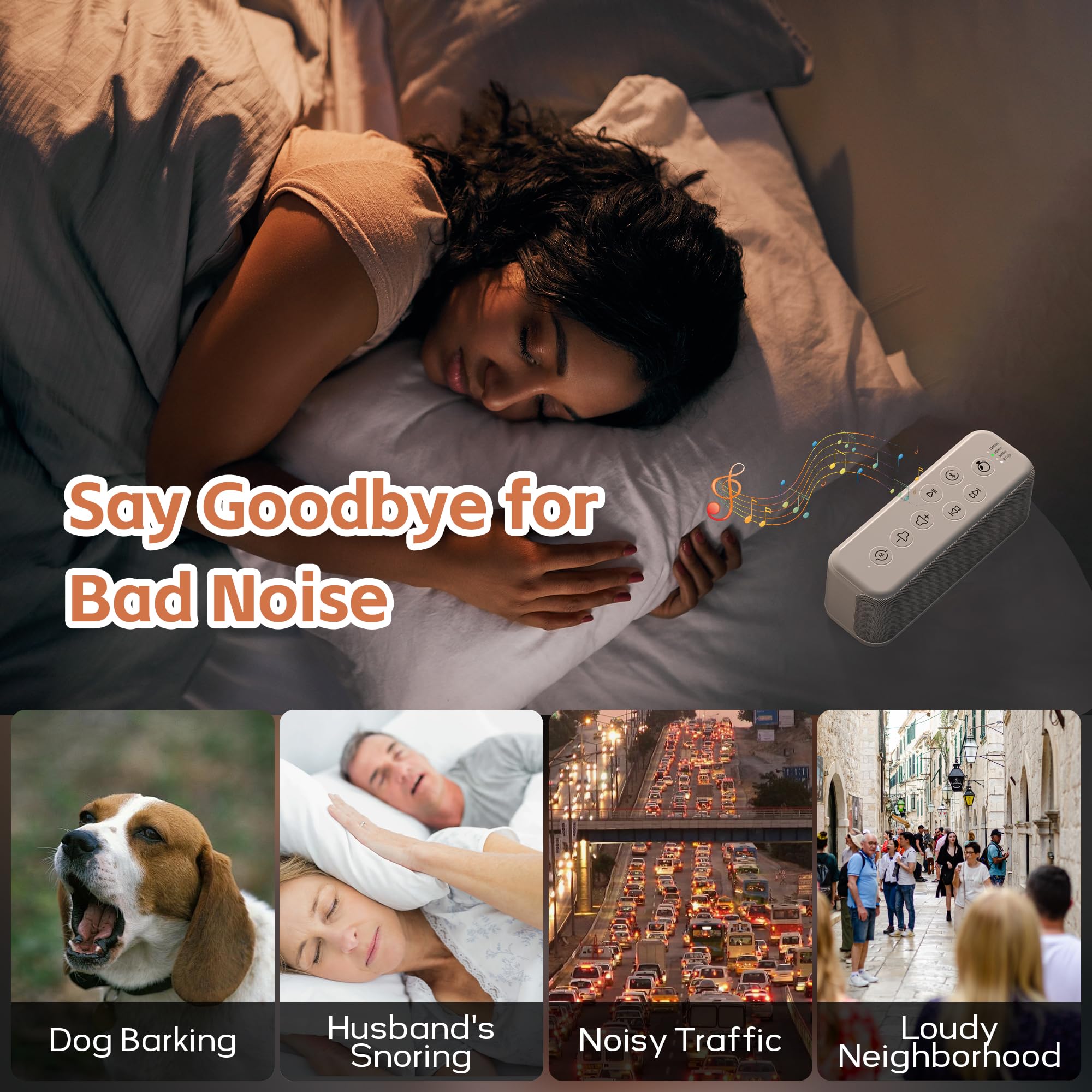 White Noise Sound Machine with 3000mAh Rechargeable Battery - Bluetooth Sleep Sound Machine with 15 Soothing Sounds, Auto-Off Timer & Headphone Jack, Portable Sound Machine for Adults, Baby & Home Use