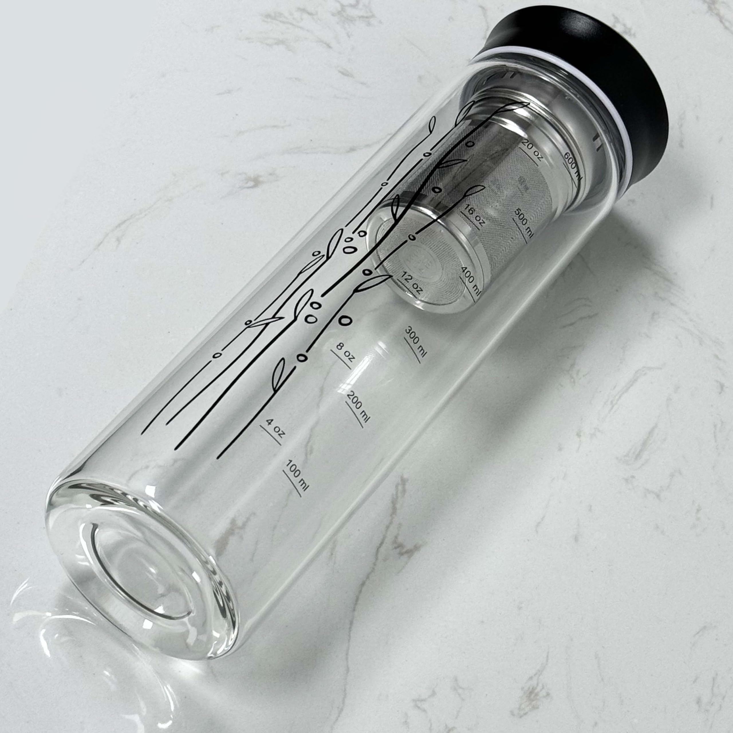 drinmoaer 23 oz Glass Water Bottle with Tea Infuser Strainer and Black Stainless Steel Lid - Tea Infuser Bottle