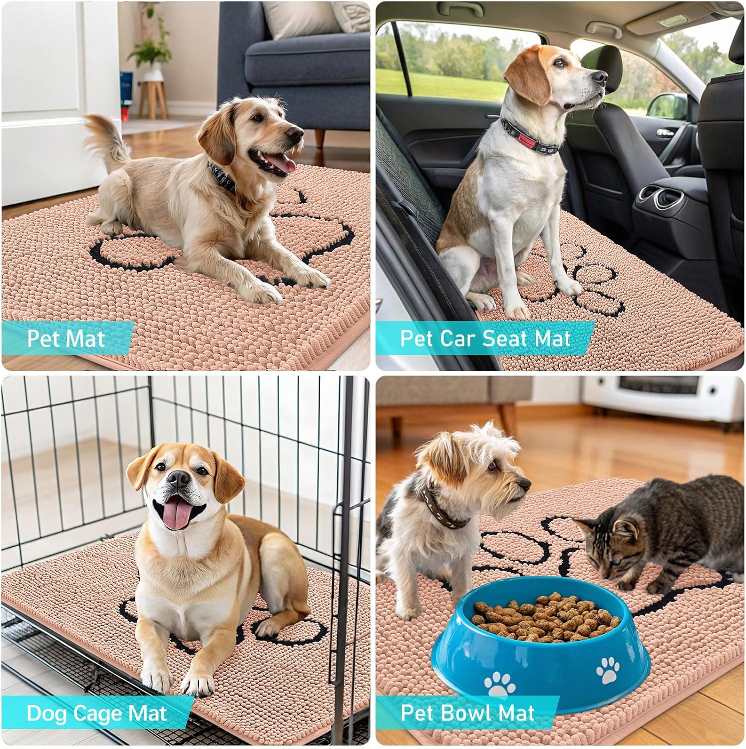 OLANLY Dog Door Mat - Absorbent Non-Slip Mud Mat for Dogs | 36x24 Paw Print Design in Peach