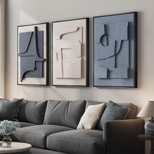 Framed 3D Textured Blue & White Abstract Wall Art by [Brand Name] | Modern 3-Piece Geometric Decor 20x30 In