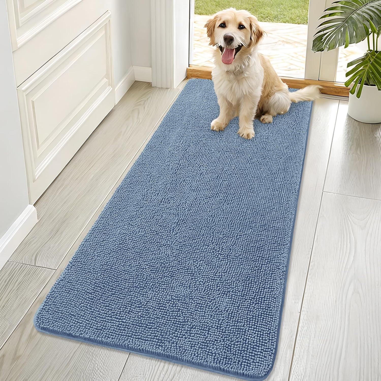 OLANLY Dog Door Mat - Absorbent Non-Slip Chenille for Muddy Paws | Quick Dry 70x32, Airy Blue